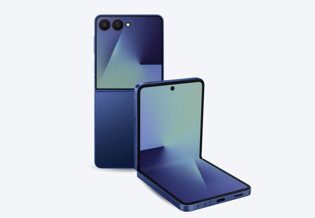 Front view of two Samsung Galaxy Flip7 phones, the phone at the back is fully opened and the one in front is opened at a 90 degree angle