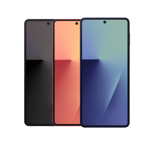Front view of three Samsung Galaxy Flip7 phones fully opened in different colours