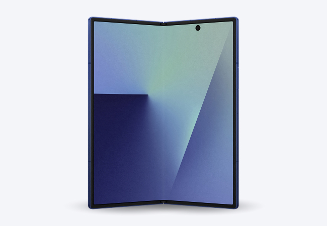 Front view of the Samsung Galaxy Z Fold7 phone partially opened