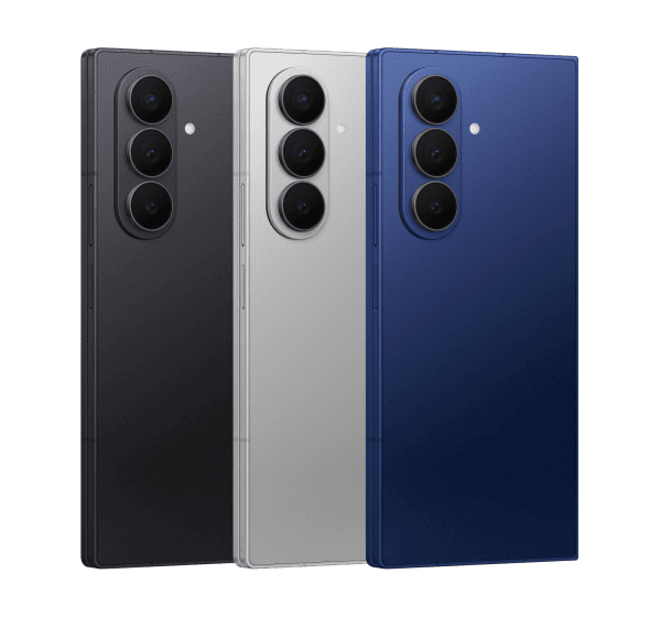 Back view of three Samsung Galaxy Z Fold7 phones in different colours