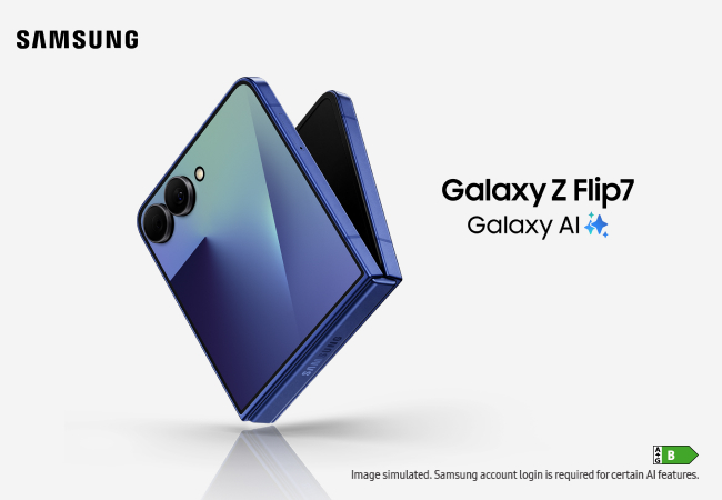 Samsung Galaxy Z Flip7 phone partially opened