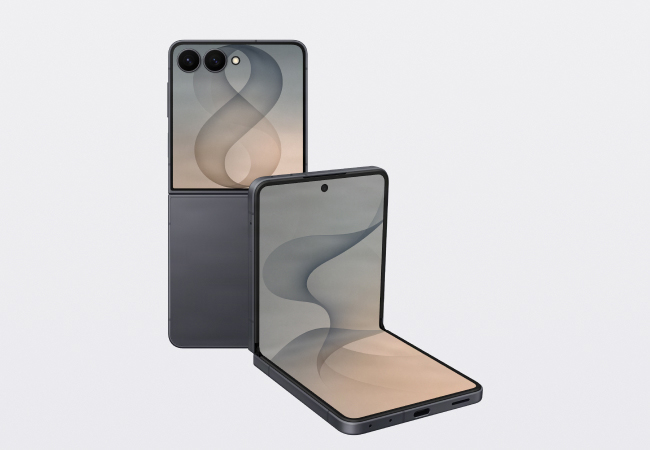 Front view of two Samsung Galaxy Flip8 phones, the phone at the back is fully opened and the one in front is opened at a 90 degree angle.