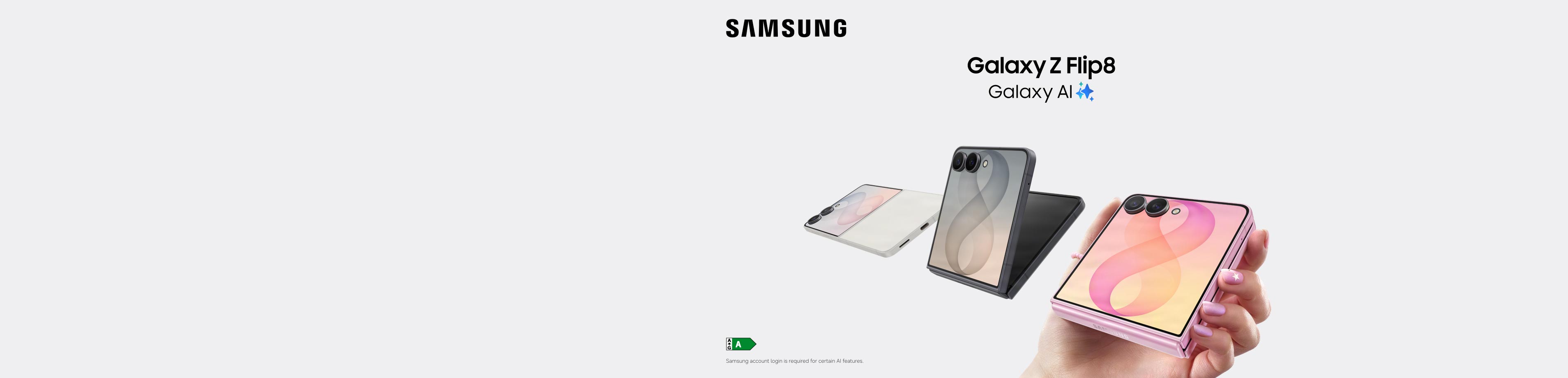 Front view of 3 Samsung Galaxy Flip8 phones, one open, one partially folded and one closed with camera and cover screen showing