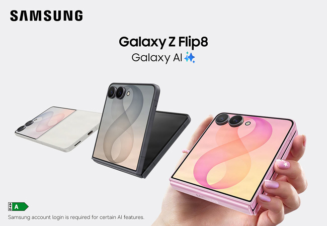 Front view of 3 Samsung Galaxy Flip8 phones, one open, one partially folded and one closed with camera and cover screen showing.