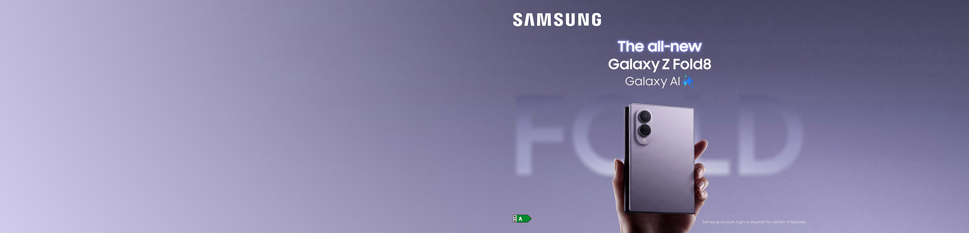 Back view of a Samsung Galaxy Z Fold8 phone being held up by a hand on a lilac background.