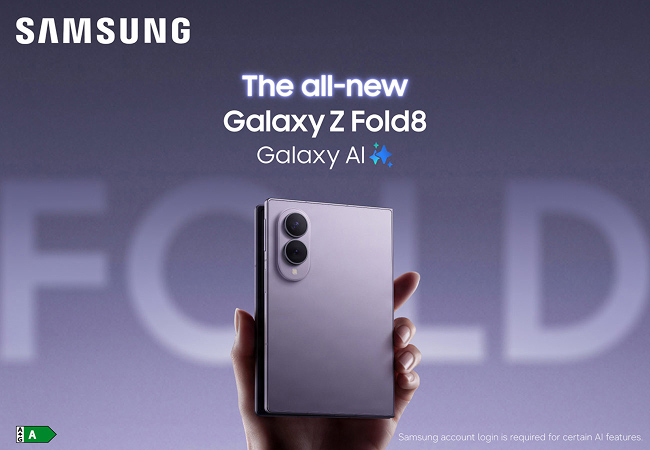 Back view of a Samsung Galaxy Z Fold8 phone being held up by a hand on a lilac background.