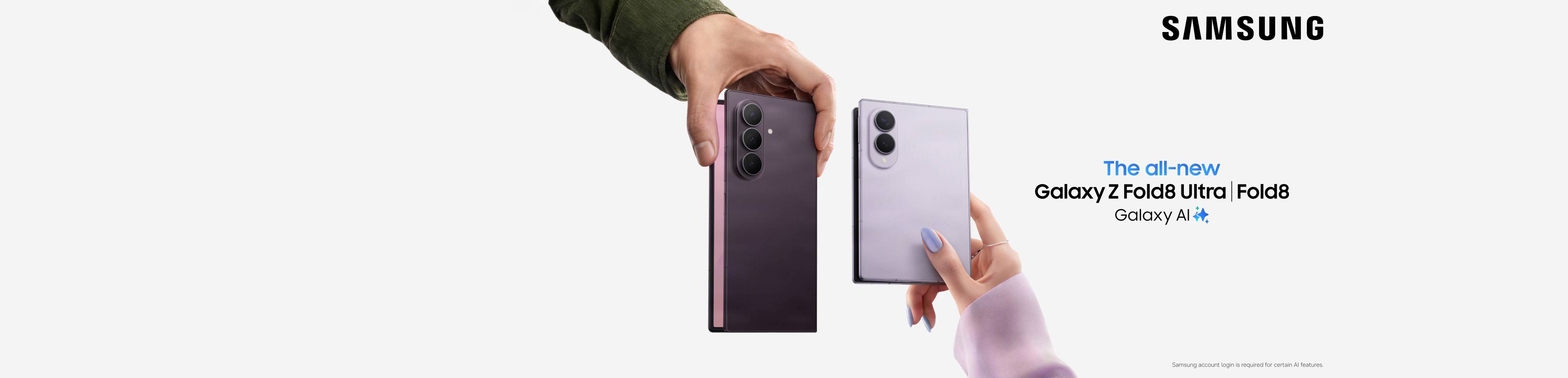 Back views of a Samsung Galaxy Z Fold8 Ultra and Samsung Galaxy Z Fold8 phone being held up by two hands on a light background.