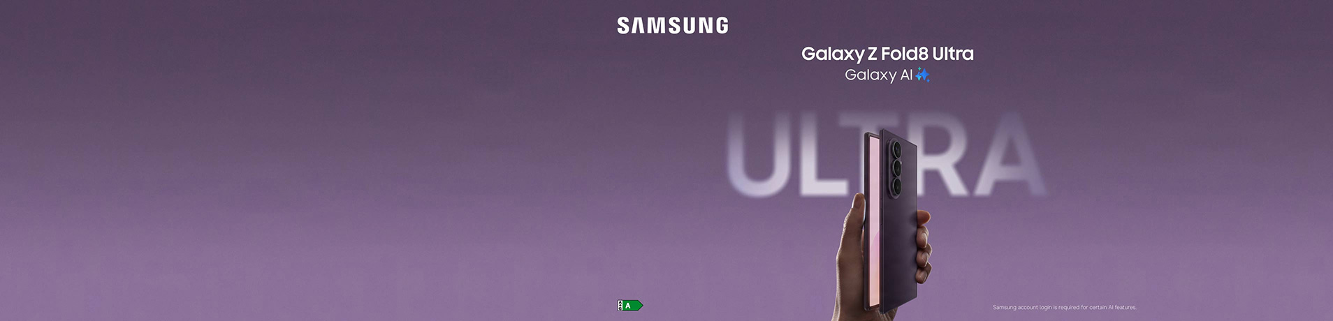 Side view of a Samsung Galaxy Z Fold8 Ultra phone being held up by a hand on a lilac background.