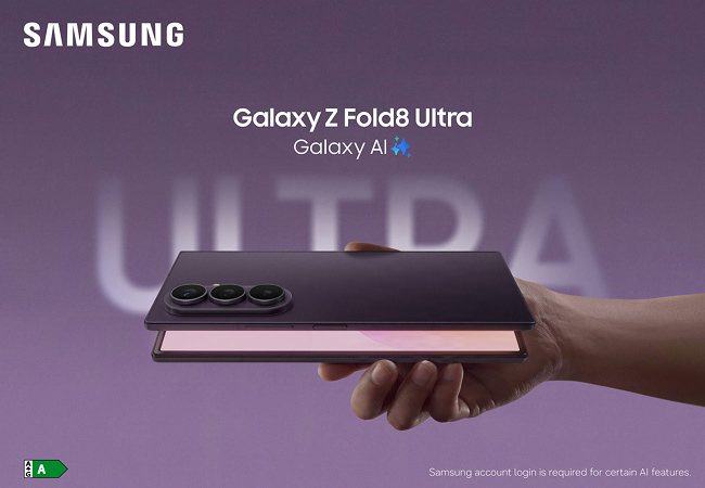 Side view of a Samsung Galaxy Z Fold8 Ultra phone slightly opened being held out by a hand on a lilac background.