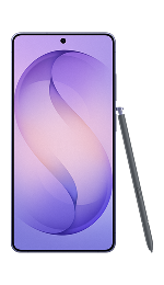 Front view of a Samsung Galaxy S26 Ultra with it's stylus at an angle to the right of the phone