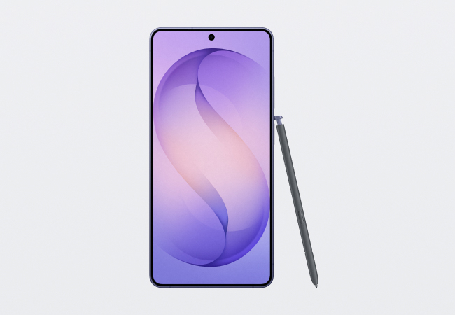 Front view of a Samsung Galaxy S26 Ultra with it's stylus at an angle to the right of the phone