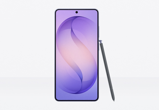 Front-facing view of a Samsung Galaxy S26 Ultra with an S Pen stylus leaning against its right side. The screen shows a vibrant purple abstract wallpaper.