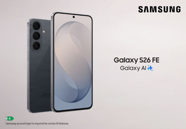 Promotional banner for the Samsung Galaxy S26 FE showing the front and back of a dark grey smartphone next to the text "Galaxy S26 FE Galaxy AI".