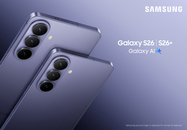 The Samsung Galaxy S26 and S26+ in Cobalt Violet. Two phones are layered to show their triple-camera arrays and flat metallic edges against a soft purple background with the 'Galaxy AI' logo.