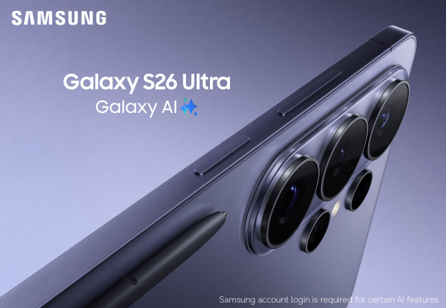 Samsung Galaxy S26 Ultra in a matte titanium purple. The shot is a close-up, angled view showing the side buttons, the recessed S Pen, and the multi-lens rear camera system. Text in the upper left reads "Samsung Galaxy S26 Ultra" and "Galaxy AI".