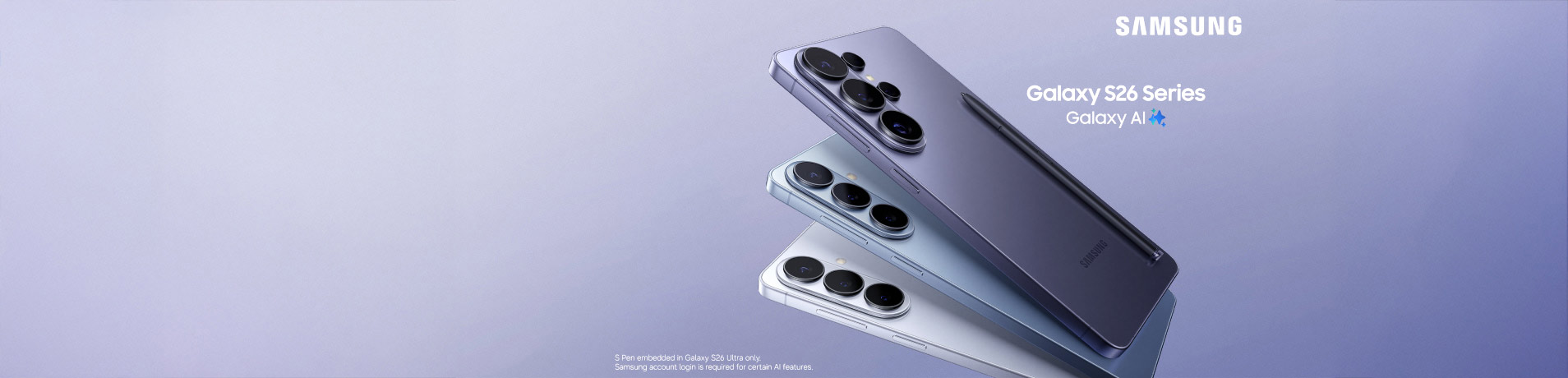 Three Samsung S26 series phones fanned out showing the Samsung Galaxy S26 Ultra at the top. Samsung is written at the top of the image