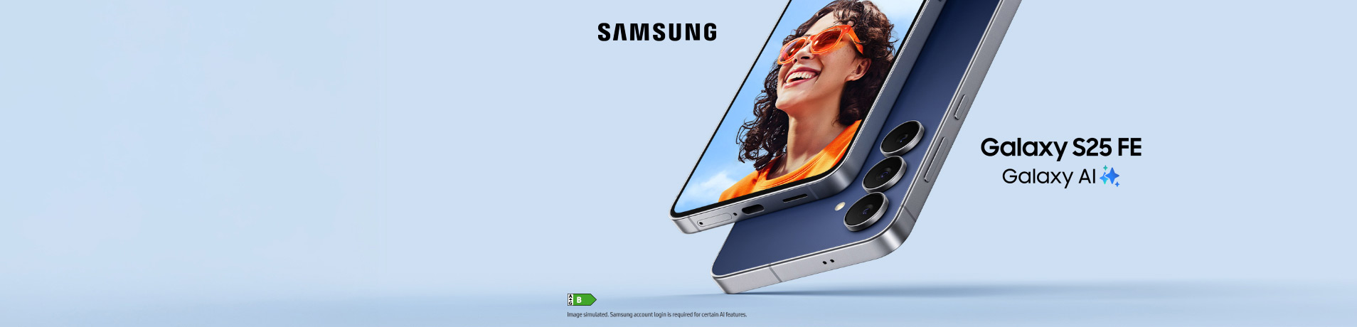 The Samsung Galaxy S25 FE shown in a close-up, angled view highlighting its triple rear camera setup and sleek design. A woman smiling while wearing orange sunglasses is displayed on the phone's screen.
