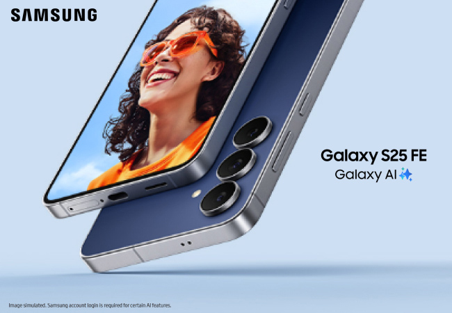 The Samsung Galaxy S25 FE shown in a close-up, angled view highlighting its triple rear camera setup and sleek design. A woman smiling while wearing orange sunglasses is displayed on the phone's screen.