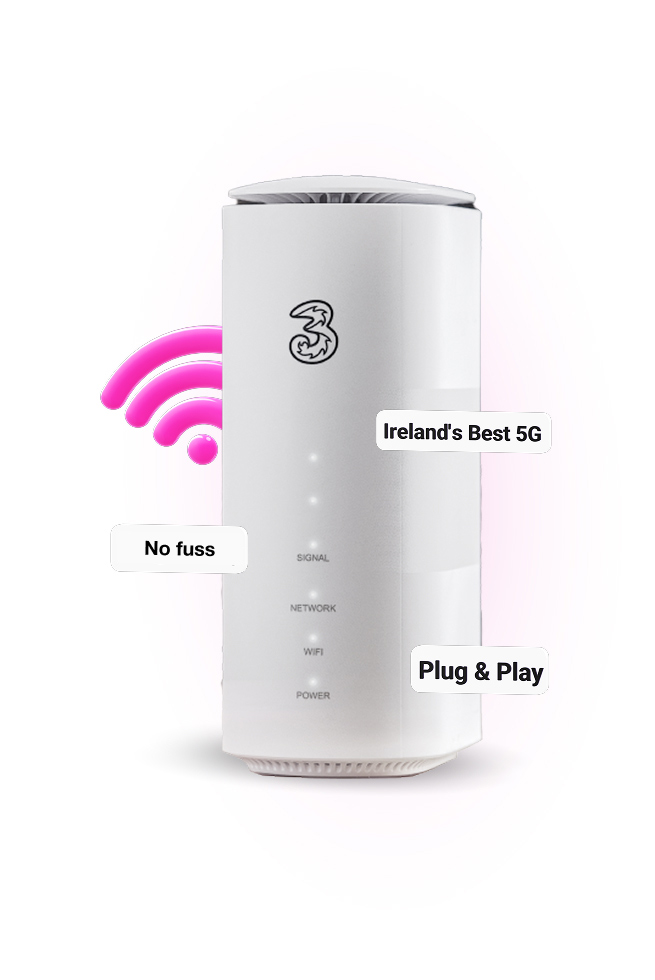 A white Three 5G broadband router standing on a reflective surface, with a large, stylized pink Wi-Fi symbol next to it against a light pink background.