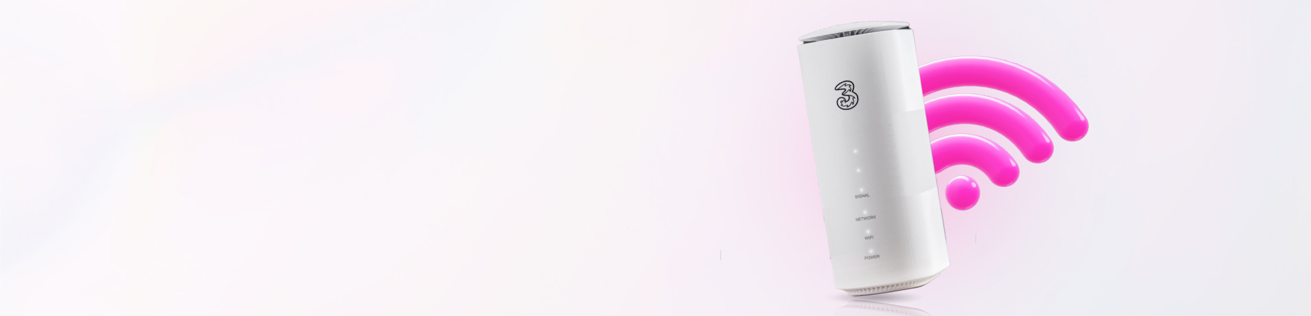 A white Three 5G broadband router standing on a reflective surface, with a large, stylized pink Wi-Fi symbol next to it against a light pink background.