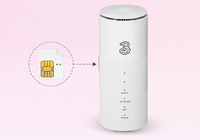 An instructional graphic showing a SIM card being inserted into a white Three network home broadband router against a light pink background.