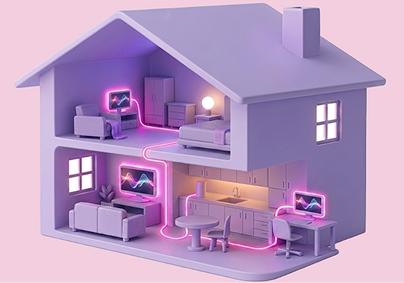 A 3D miniature model of a two-story house in a monochromatic purple theme, showcasing a connected smart home network with glowing pink neon cables running through the rooms to link multiple computer and TV screens.