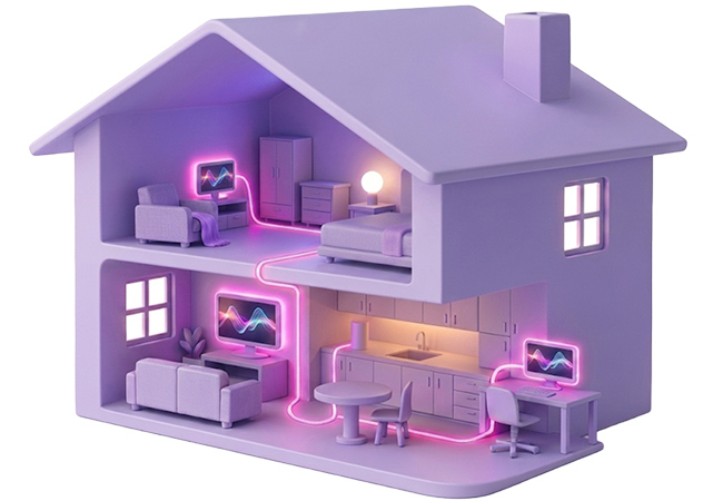 A monochrome purple two-story house against a white background. A glowing pink fiber-optic line snakes through the rooms, connecting the home office, a tv in the lower living room, and in the upper bedroom, illustrating whole-home internet connectivity.