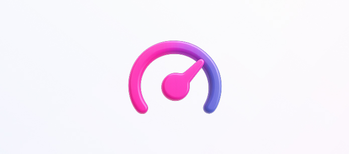 A 3D, glossy speedometer icon in a pink-to-purple gradient on a white background, with the needle pointing toward the high end.