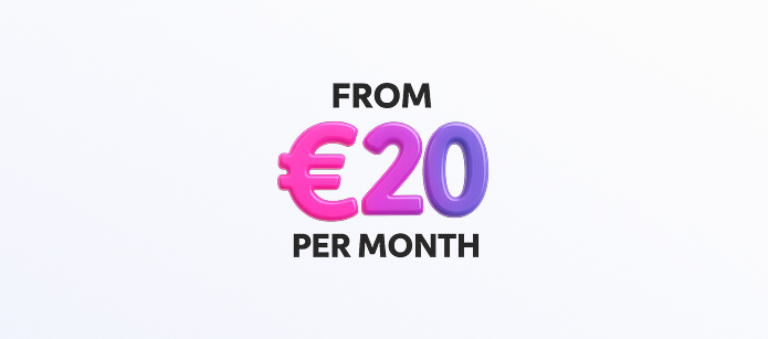 A stacked-text graphic featuring large, colorful, 3D bubble letters and numbers against a white background, which states: "FROM €20 PER MONTH".