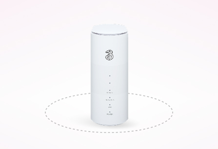 A front-view of a Three 5G Broadband Hub (Zyxel NR5103E), a white cylindrical router. It features the "3" logo at the top and vertical indicator lights for Signal, Network, WiFi, and Power. The device is centered within a grey dashed circle on a plain white background.