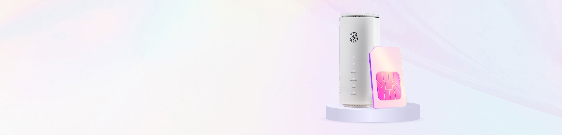 A white home internet router with the Three network logo standing on a small pedestal next to a large pink SIM card.