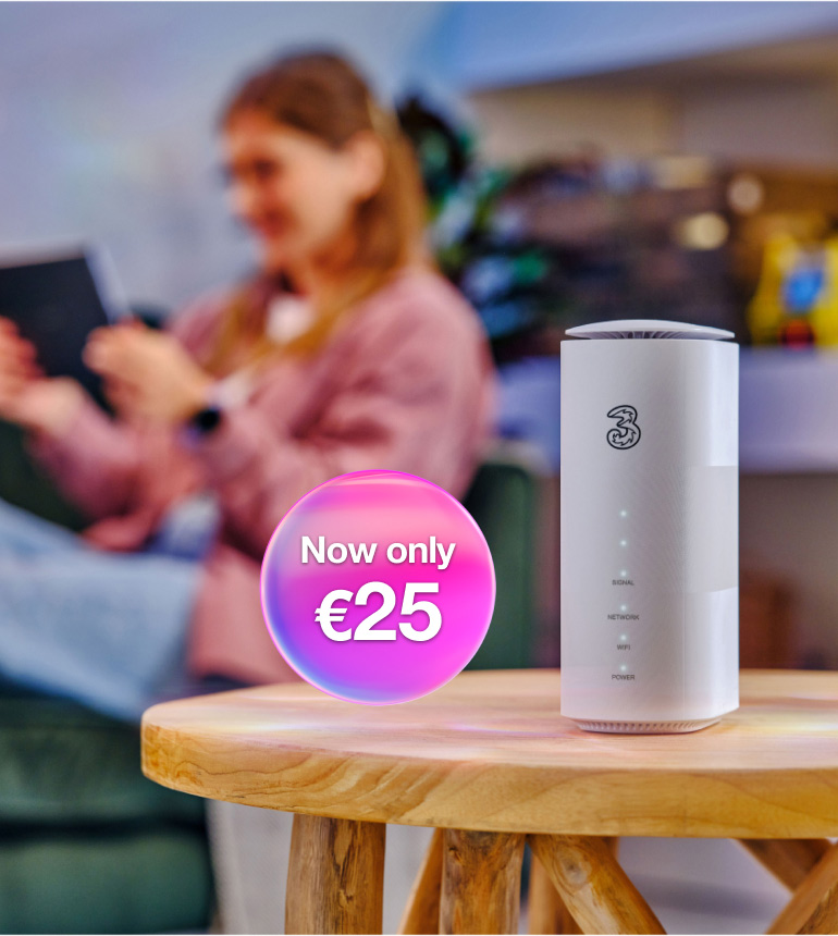 A white Three branded internet modem advertised from €25
