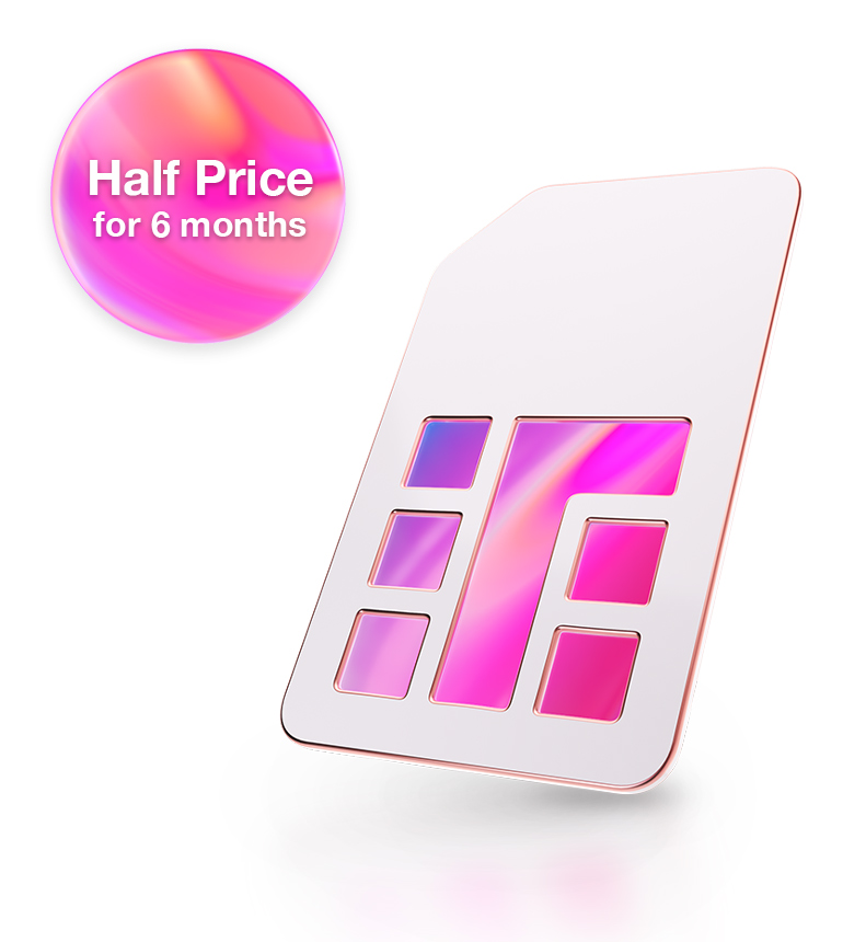 A sim card icon advertised as half price for 6 months