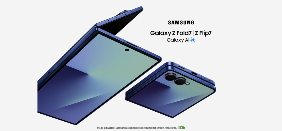  A sleek, blue Samsung Galaxy Z Fold7 and Z Flip7 with "Galaxy AI" branding on a white background.