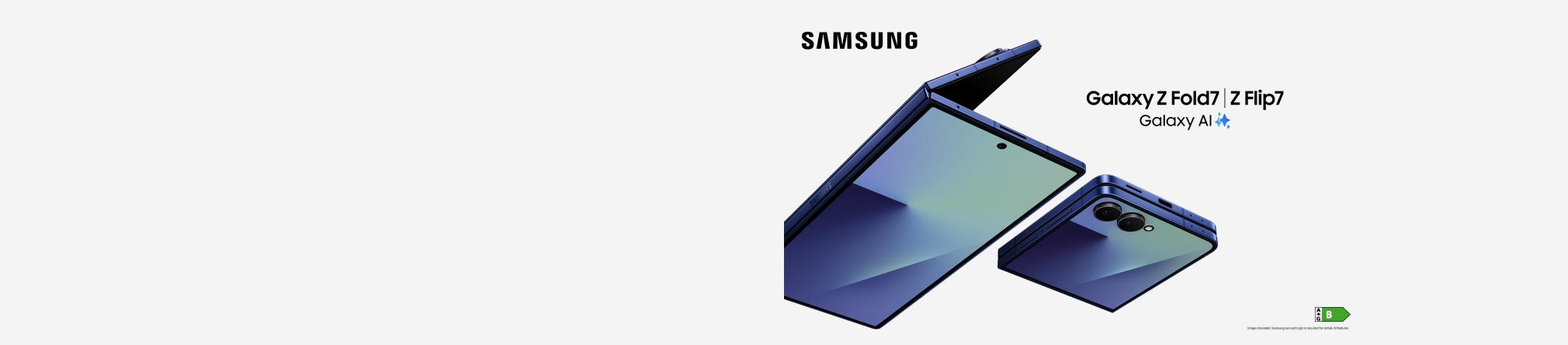 A sleek, blue Samsung Galaxy Z Fold7 and Z Flip7 with "Galaxy AI" branding on a white background.