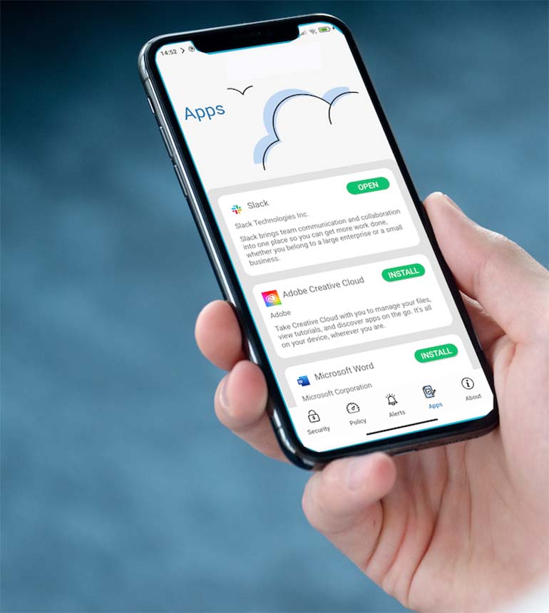 A close up of the 3mobile protect screen, displaying a range of work related apps