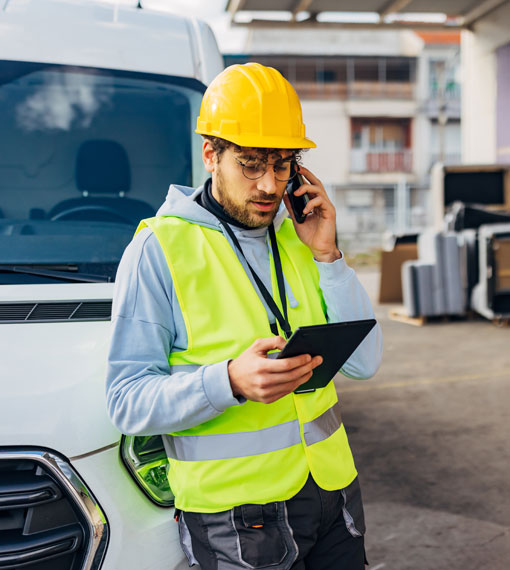 Worker wearing a hi-vis vest outside on a phone, looking at a tablet
