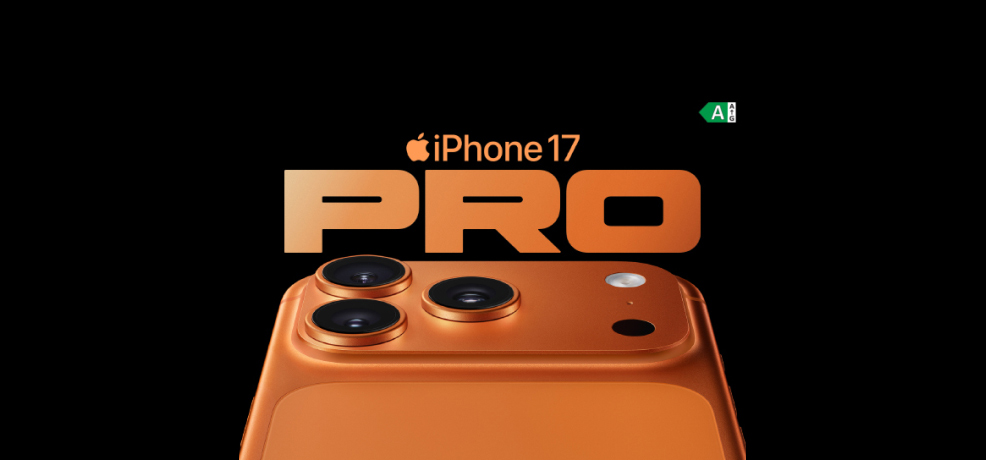 An image of the iPhone 17 Pro on a black background. The phone is in a cosmic orange color. Above the phone, large, stylized text reads "iPhone 17 PRO."