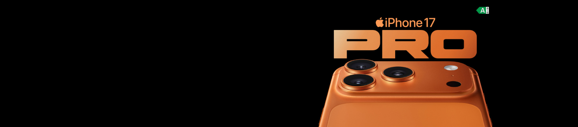 An image of the iPhone 17 Pro on a black background. The phone is in a cosmic orange color. Above the phone, large, stylized text reads "iPhone 17 PRO."