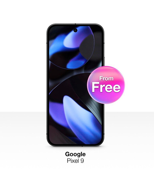Image of a Google Pixel 9 phone with an overlay bubble saying "From Free"