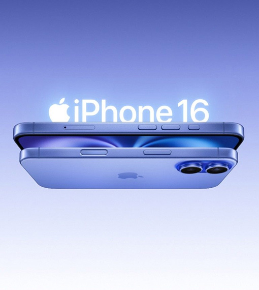 Side view of 2 iPhone 16's one facing up and the other down, the text iPhone 16 along with the Apple Logo appears above the image.