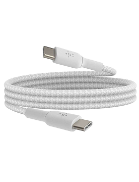 White Belkin 1m USB C to C braided cable rolled up in a coil showing both plugs.