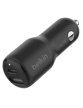 Black Belkin car charger showing two USB ports at the back and a status light.