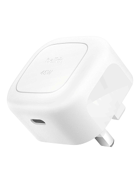 White Belkin USB C plug showing at an angle.