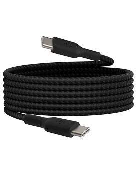 Black Belkin 2m USB C to C braided cable rolled up in a coil showing both plugs.