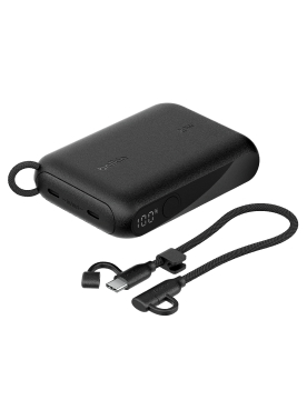 A black Belkin 10k power bank with a compatible usb cable beside it