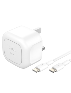 A white Belkin power adapter plug with compatible usb c cable