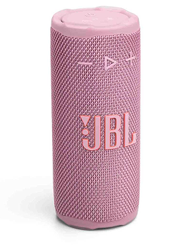 A front view of the light pink JBL Flip Bluetooth speaker against a light gray background.