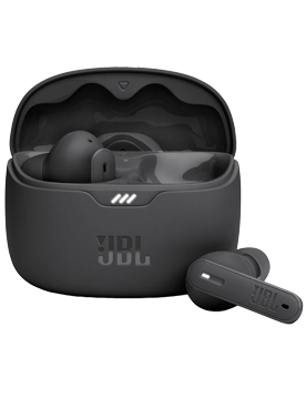 A pair of matte black JBL tune wireless earbuds with their matching open charging case.