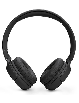 A front-facing view of black JBL Tune 520BT wireless on-ear headphones with a padded headband and cushioned ear cups against a white background.